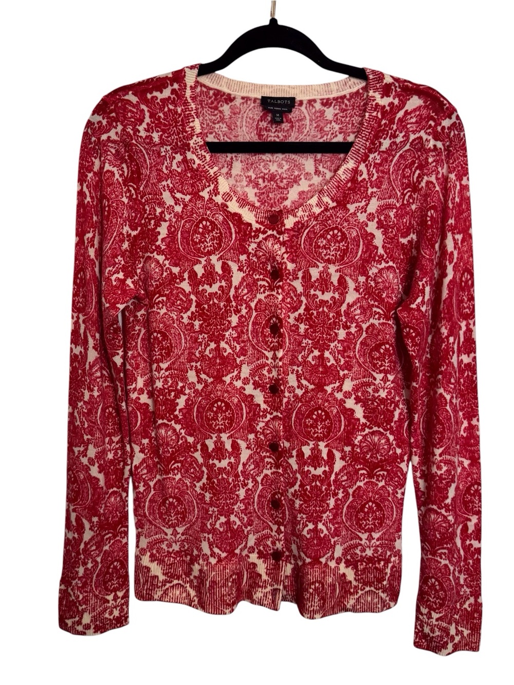 Talbots Size Medium Merino Wool Cardigan Sweater Red White Holiday Floral